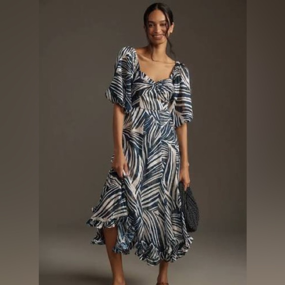 Hutch Navy and White print twisted front ruffle hem dress XS